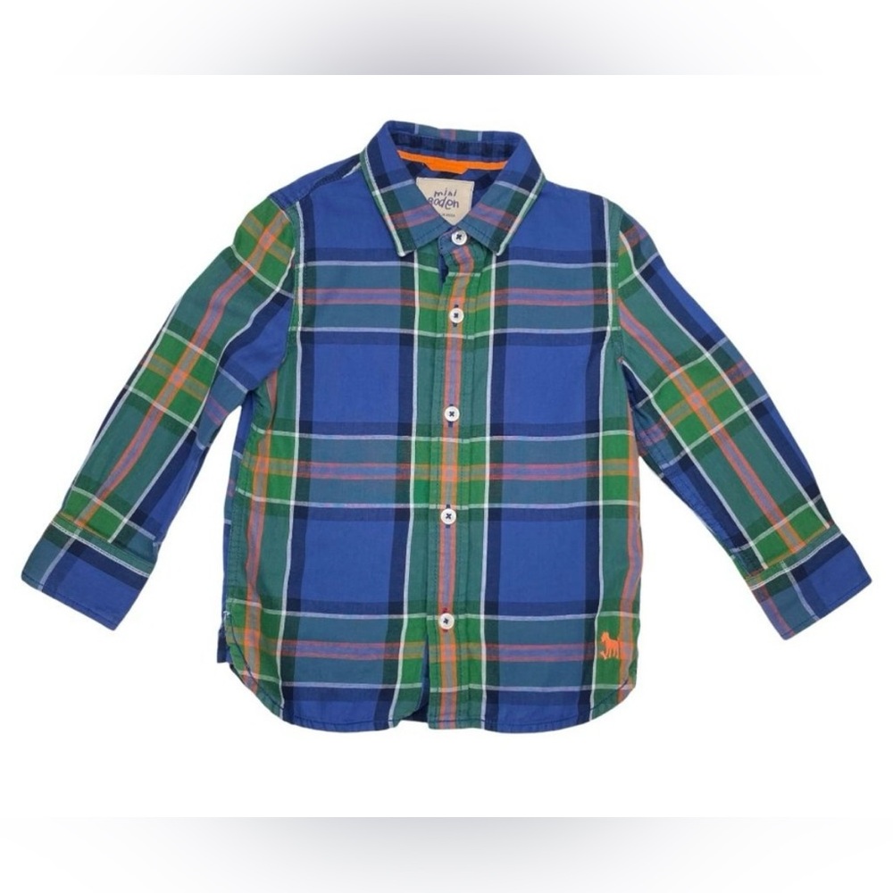 Mini Boden Blue and Green Plaid Kids Button Down Shirt